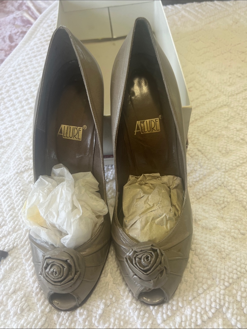 Vintage Allure Metallic Taupe Peep-Toe Heels with Rosette Accent